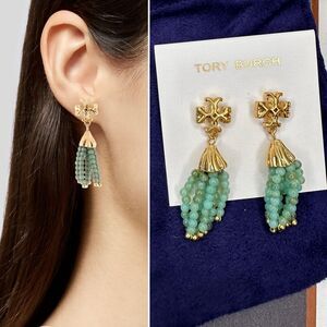 Tory Burch Roxanne Tassel Earrings Green Beaded Drop Gold Tone Logo Studs NWT
